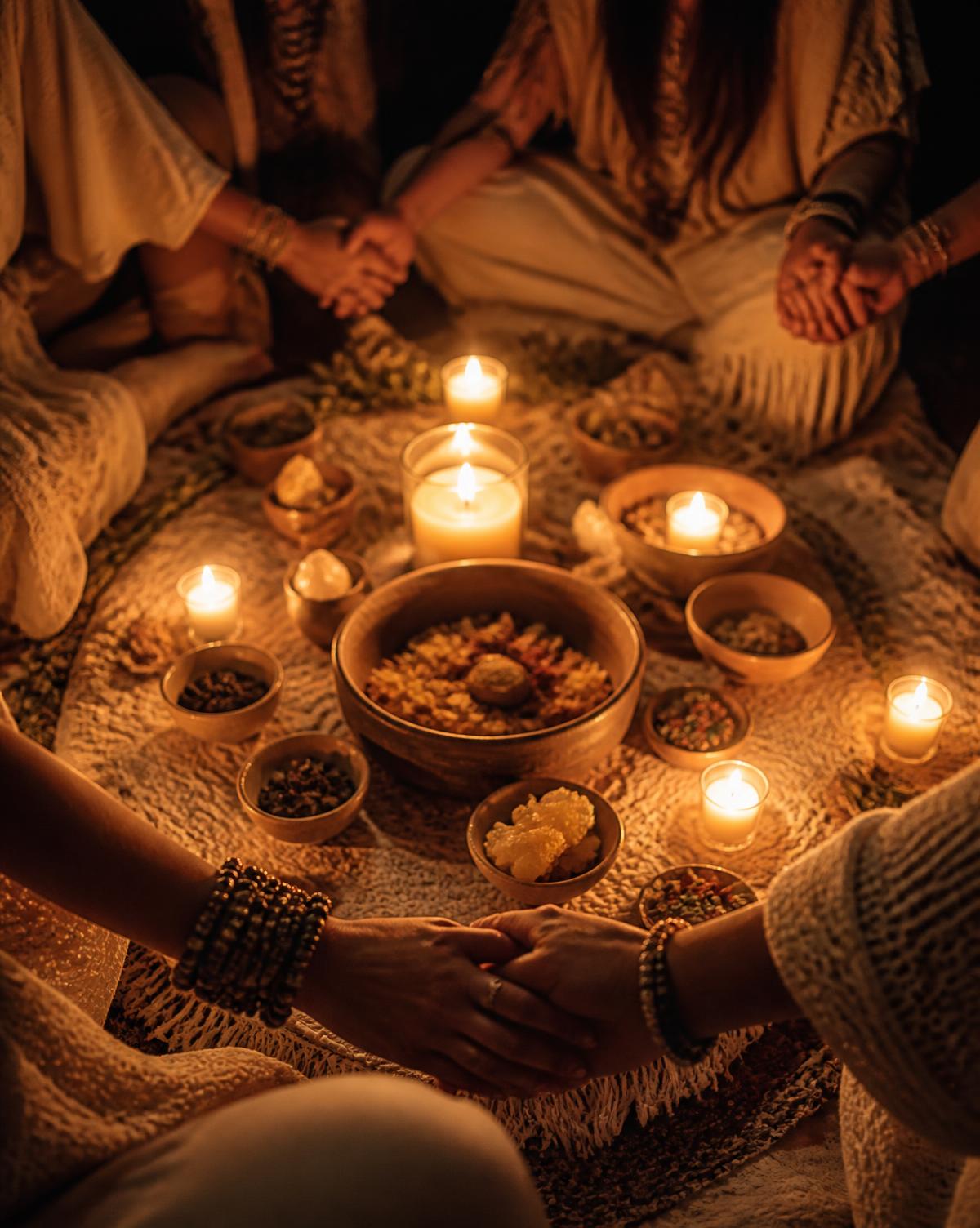 Candlelit ceremony circle with bowls and joined hands