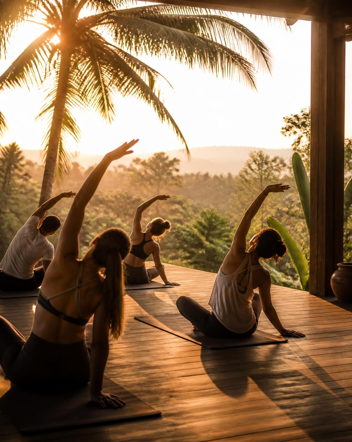 Small group practising yoga on an open deck at golden hour